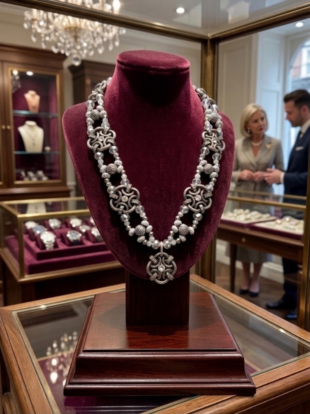 Handmade Necklace With Silver-tone Pendants And Glass Beads